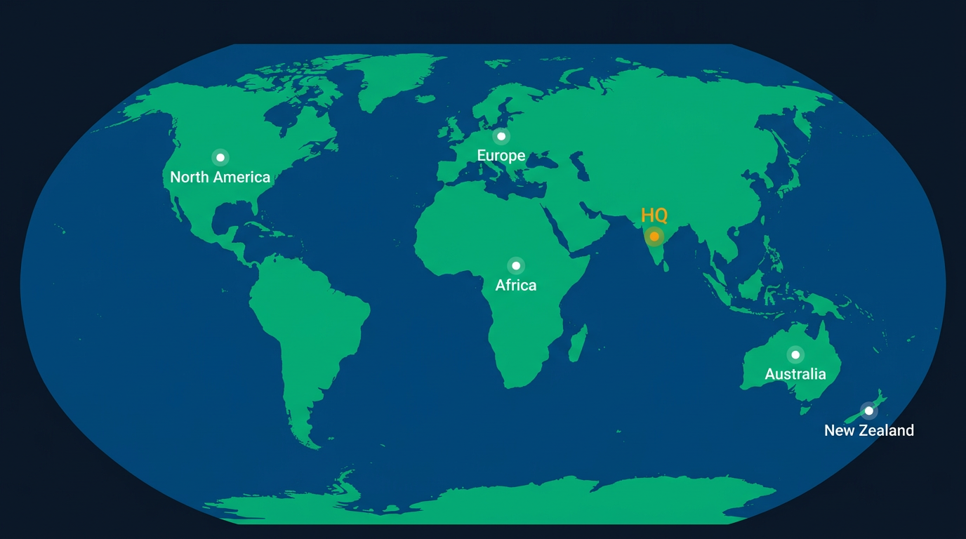 World map showing RIH Engineering client regions: North America, Europe, Africa, Australia and New Zealand, with headquarters in Pune, India
